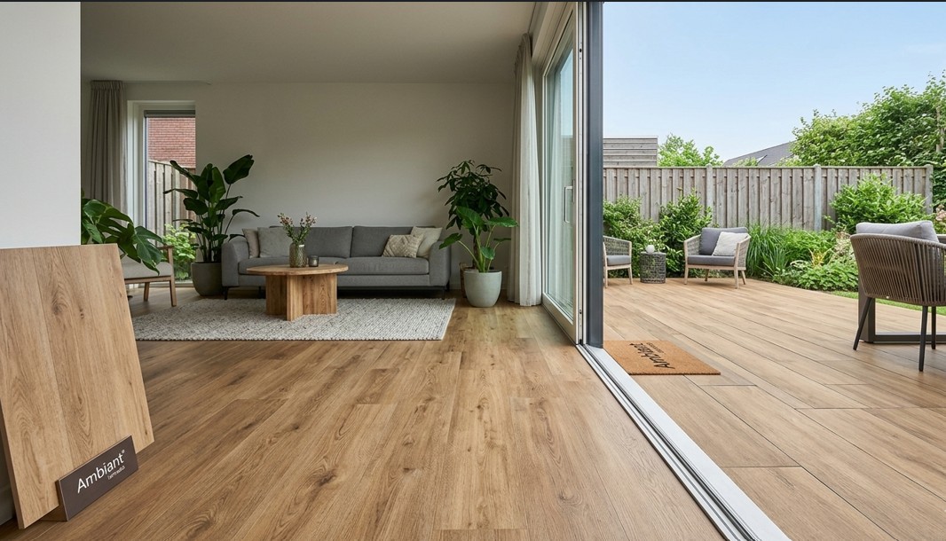 Ambiant laminaatvloer in een lichte houtlook die naadloos overloopt in het buitenterras voor een rustige uitstraling.