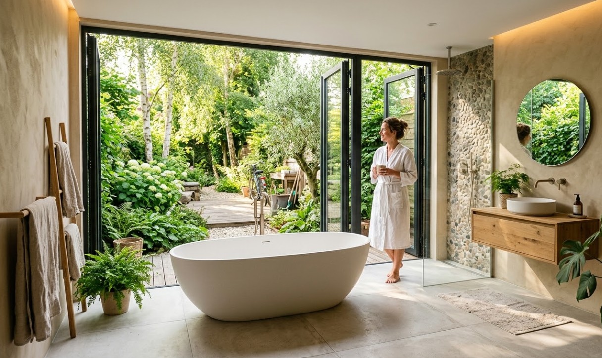Moderne badkamer met houten accenten en uitzicht op een groene tuin door grote raampartijen.