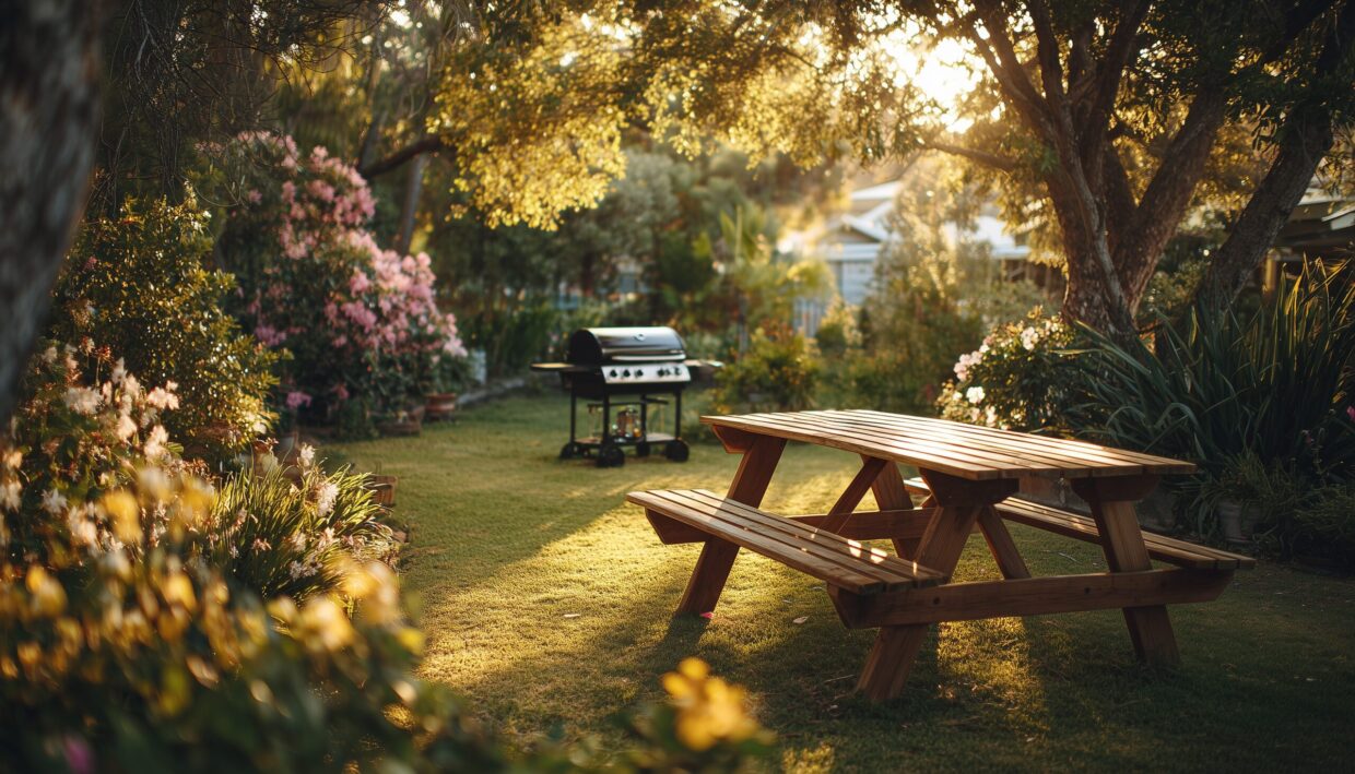 Picknicktafel in schaduwtuin